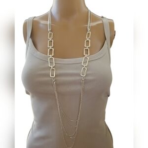 NINE WEST NWT SILVERTONE LAYERED SNAKE CHAIN & OPEN RECTANGLE  ACCENTS NECKLACE
